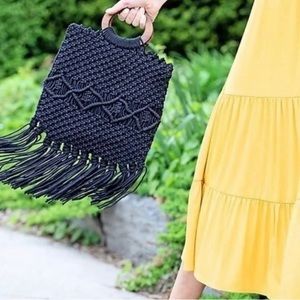 New black macrame cross body purse with wooden handles by Danielle Nicole